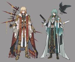  2boys absurdres alternate_costume anaxa_(honkai:_star_rail) aqua_cape aqua_hair armor armored_boots baggy_pants belt black_boots black_robe black_shirt blonde_hair blue_eyes body_markings boots braid buttons cape chain closed_mouth clothing_cutout commentary cross cross_necklace crossed_bangs crystal_earrings diamond_cutout dual_wielding earrings empty_eyes eyepatch eyeshadow facial_mark full_body gauntlets gloves gold_armor gold_chain gold_trim gradient_hair grey_background grey_cape gun hair_between_eyes hair_ornament hair_tubes hand_up handgun high_heel_boots high_heels highres holding holding_gun holding_weapon honkai:_star_rail honkai_(series) hood hooded_cape jacket jewelry lapels long_hair long_sleeves looking_at_viewer low_ponytail makeup male_focus medium_hair multicolored_eyes multicolored_hair multiple_boys mydei_(honkai:_star_rail) necklace open_clothes open_jacket pants papajay_(jennygin2) ponytail purple_pupils red_belt red_cape red_eyeshadow red_hair robe shirt shoulder_armor simple_background single_braid single_earring single_hair_tube standing tassel teeth two-sided_cape two-sided_fabric two-tone_hair untranslatable_commentary v-shaped_eyebrows violet_eyes weapon white_belt white_cape white_gloves white_jacket white_pants white_shirt yellow_eyes 