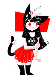 andaerz animal_ears animal_on_head bell black_hair black_shirt black_thighhighs blush bow bow_legwear breasts cat_ears cat_girl cat_girl_(andaerz) cat_tail cowboy_shot hand_on_own_arm highres large_ears long_hair medium_breasts miniskirt mouse_(animal) neck_bell on_head original pleated_skirt red_bow red_eyes red_skirt shirt skirt sleeping spiked_skirt t-shirt tail tail_bow tail_ornament thigh-highs white_background white_bow zettai_ryouiki 