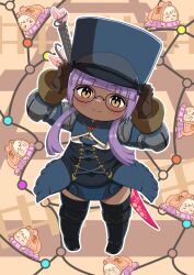  1girl absurdres blue_hat closed_mouth commission commissioner_upload dark-skinned_female dark_skin final_fantasy final_fantasy_xiv glasses hat highres lalafell long_hair looking_at_viewer pixiv_commission purple_hair shelldy warrior_of_light_(ff14) 
