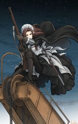  1girl asterisk_kome black_cape blue_eyes bolt_action brown_gloves brown_hair cape chain commentary_request crane_(machine) gina_wallace gloves gun heroes_of_order highres holding holding_gun holding_weapon lee-enfield long_hair long_sleeves medal night rifle scope sheath sheathed sky star_(sky) starry_sky sword weapon 