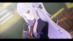  1girl :o black_gloves black_jacket black_ribbon blush braid collared_shirt commentary_request danganronpa:_trigger_happy_havoc danganronpa_(series) food gloves hair_ribbon hand_up highres holding holding_food jacket kirigiri_kyoko long_hair long_sleeves looking_at_viewer misa_(usaginosakura) necktie open_clothes open_jacket red_necktie ribbon shirt solo white_shirt 