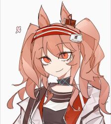  1girl angelina_(arknights) animal_ears arknights black_collar black_shirt brown_hair chinese_commentary coat collar commentary_request earpiece fox_ears fox_girl hair_over_one_eye hairband highres infection_monitor_(arknights) jacket long_hair long_sleeves looking_at_viewer multicolored_hairband muoujunxd open_clothes open_coat open_jacket orange_eyes red_hairband red_jacket shirt simple_background solo striped_clothes striped_hairband twintails two-tone_hairband upper_body white_background 