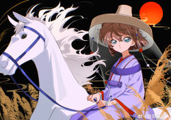 1girl absurdres animal bisho_imobing_hito blue_eyes brown_hair closed_mouth commentary_request green_eyes haibara_ai highres holding holding_reins horseback_riding ichimegasa japanese_clothes long_sleeves meitantei_conan red_sun reins riding short_hair smoke solo wheat_field white_horse wide_sleeves 