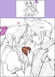  1boy 1girl aerith_gainsborough apron arm_behind_back armor bangle blue_eyes blush border box bracelet braid braided_ponytail cloud_strife earrings final_fantasy final_fantasy_vii final_fantasy_vii_remake furrowed_brow green_eyes hair_between_eyes hair_ribbon heart-shaped_box highres jewelry looking_at_another mixing_bowl parted_bangs parted_lips pauldrons pink_ribbon purple_border ribbed_shirt ribbon rino_han shirt short_hair short_sleeves shoulder_armor sidelocks single_bare_shoulder single_braid single_earring single_pauldron sketch sleeveless sleeveless_turtleneck spiky_hair suspenders sweat turtleneck white_background 