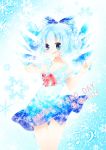 (9) 1girl :d \m/ alternate_costume blue_eyes blue_hair blush bow cirno colored_eyelashes dress hair_bow ice ice_wings musical_note open_mouth smbrly smile snowflakes solo touhou wings 