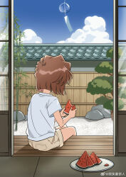  1girl absurdres bisho_imobing_hito blue_sky brown_hair brown_shorts commentary_request eating facing_away food fruit haibara_ai highres meitantei_conan outdoors shirt short_hair shorts sitting sky sliding_doors solo summer watermelon watermelon_slice white_shirt wind_chime 