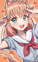  1girl :d animal_ears aqua_eyes arms_up blue_dress cat_ears cat_girl cat_hair_ornament cat_tail collarbone commentary_request dress hair_ornament hasu_no_sora_school_uniform highres hinoshita_kaho kemonomimi_mode kyaku_tasu link!_like!_love_live! looking_at_viewer love_live! medium_hair neckerchief open_mouth orange_background orange_hair outline paw_pose paw_print puffy_short_sleeves puffy_sleeves red_neckerchief sailor_collar sailor_dress school_uniform short_sleeves smile solo summer_uniform tail teeth two_side_up upper_teeth_only virtual_youtuber white_outline white_sailor_collar 