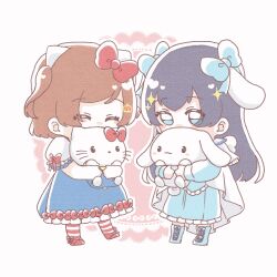  2girls ^_^ aijou_karen animal animal_ears animal_hug black_hair blue_boots blue_bow blue_dress blue_eyes blue_overalls boots bow brown_hair canvas_texture cape carrying cat cat_ears chibi chibi_only cinnamoroll closed_eyes commentary_request covered_mouth crossover crown_hair_ornament dog dog_ears double-parted_bangs dress dress_bow ear_bow facing_another fake_animal_ears floppy_ears frilled_dress frills full_body fuwa_fuwa_cinnamoroll hair_bow hair_ornament heart hello_kitty hello_kitty_(character) highres hirake_goma holding holding_animal holding_cat holding_dog kagura_hikari lace-up_boots long_dress long_hair long_sleeves looking_at_another looking_down multiple_girls official_alternate_costume outline overalls parted_bangs puffy_short_sleeves puffy_sleeves red_background red_bow red_shoes red_socks sanrio shoes short_hair short_sleeves shoujo_kageki_revue_starlight sleeve_bow socks sparkle_hair_ornament standing striped_clothes striped_socks two-tone_background two-tone_dress two_side_up white_cape white_dress white_outline white_socks 