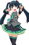  1girl black_hair blush cosplay detached_sleeves flower gokou_ruri green_eyes hair_flower hair_ornament hatsune_miku hatsune_miku_(cosplay) highres long_hair looking_at_viewer microphone mole necktie ore_no_imouto_ga_konna_ni_kawaii_wake_ga_nai rose simple_background skirt smile solo suzumeko thigh-highs twintails v very_long_hair vocaloid white_background zettai_ryouiki 