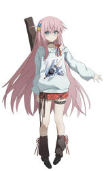  1girl absurdres alternate_costume arm_at_side black_choker black_leg_warmers black_shoes blue_eyes bocchi_the_rock! choker closed_mouth coke_cat_(user_jkus8755) commentary_request crescent crescent_hair_ornament crossed_bangs earrings frilled_sweater full_body gotoh_hitori guitar_case hair_between_eyes hair_ornament highres instrument_case jewelry leg_warmers long_bangs long_hair long_sleeves miniskirt off-shoulder_sweater off_shoulder pink_hair plaid_clothes plaid_skirt print_sweater red_skirt shoes simple_background single_off_shoulder skirt solo standing star_(symbol) star_earrings straight_hair sweater thigh_strap very_long_hair white_background white_sweater 