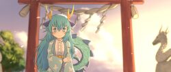  1girl blue_dragon_(kemono_friends) blue_eyes blue_hair blush breasts center_frills commentary_request dragon_ears dragon_girl dragon_horns dragon_statue dragon_tail extra_ears frills hair_between_eyes happi highres horns japanese_clothes kemono_friends kemono_friends_3 large_breasts long_hair looking_at_viewer multicolored_horns onefiresticks outdoors pink_horns shirt shrine tail torii yellow_horns 