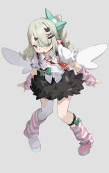  1girl absurdres arm_warmers backpack bag black_skirt collared_shirt commentary cryani full_body green_eyes green_hair grey_background hair_ornament highres leg_warmers looking_at_viewer necktie open_mouth pink_bag pink_shoes red_necktie shirt shoes short_sleeves simple_background single_thighhigh skirt solo striped_arm_warmers striped_leg_warmers sunna_(zenless_zone_zero) tearing_up thigh-highs torn_clothes torn_thighhighs white_shirt white_thighhighs white_wings wings zenless_zone_zero 