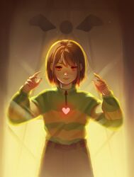 1other 2021 2d ambiguous_gender annalee-sama arrow_(symbol) belt brown_hair brown_pants chara_(undertale) child commentary delta_rune_(symbol) digital_media double_horizontal_stripe english_commentary glowing glowing_heart green_sweater hands_up heart highres horizontal-striped_clothes human long_sleeves making-of_available other_focus painttool_sai_(medium) pants red_eyes short_hair solo straight-on striped_clothes striped_sleeves striped_sweater sweater two-tone_sweater undertale utdr_(toby_fox) window yellow_stripes