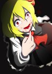  1girl blonde_hair blood blood_in_mouth blood_on_face blurry depth_of_field hair_ribbon highres looking_at_viewer open_mouth red_eyes ribbon rumia short_hair skirt smile solo tenyunkel touhou 