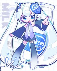  1girl absurdres alternate_hair_color bare_shoulders black_boots black_sleeves blue_eyes blush_stickers boots bottle collared_shirt commentary detached_sleeves double-parted_bangs full_body gradient_boots grey_shirt grid_background hair_between_eyes hatsune_miku highres index_finger_raised long_hair long_sleeves looking_at_viewer milk milk_bottle miniskirt necktie open_mouth outstretched_arm pleated_skirt shirt skirt sleeveless sleeveless_shirt solo standing thigh_boots twintails usa_motou very_long_hair vocaloid white_background white_hair white_necktie wide_sleeves zettai_ryouiki 