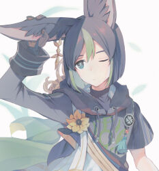  1boy animal_ear_fluff animal_ears asymmetrical_sleeves black_hair blue_eyes closed_mouth drawstring flower fox_boy fox_ears genshin_impact gloves green_hair hand_on_own_ear hood hood_down leaf male_focus medal multicolored_hair mxkjxm_(nhss2337) one_eye_closed simple_background solo tighnari_(genshin_impact) uneven_sleeves upper_body yellow_flower 