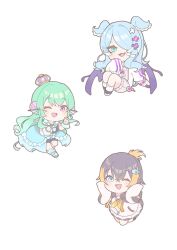  3girls :d black_hair blonde_hair blue_hair blush chibi commentary earrings edage_18 elira_pendora elira_pendora_(1st_costume) english_commentary fangs finana_ryugu finana_ryugu_(1st_costume) fins fish_hair_ornament folded_ponytail full_body green_hair hair_ornament hair_over_one_eye head_fins head_wings highres jewelry long_hair low_wings multiple_girls neckerchief nijisanji nijisanji_en petra_gurin petra_gurin_(1st_costume) short_hair simple_background single_earring smile violet_eyes virtual_youtuber white_background wings yellow_neckerchief 