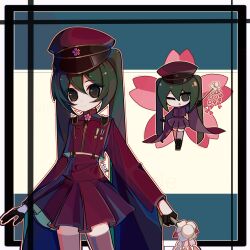  1girl arms_at_sides black_gloves blue_background border brooch brown_hat brown_jacket brown_skirt chestnut_mouth chibi chibi_inset chinese_commentary closed_mouth commentary_request cowboy_shot double-parted_bangs flat_chest flower flower_brooch gloves gold_trim green_eyes green_hair grey_thighhighs hair_between_eyes half_gloves hat hatsune_miku high-waist_skirt highres holding jacket jewelry kandaoworangwoquxuexi93362 long_hair long_sleeves midriff miniskirt one_eye_closed open_mouth outline outside_border pink_flower pleated_skirt senbonzakura_(vocaloid) shako_cap skirt smile solo standing suspender_skirt suspenders thigh-highs turtleneck turtleneck_jacket twintails two-tone_background very_long_hair vocaloid white_background white_border yellow_outline zettai_ryouiki 