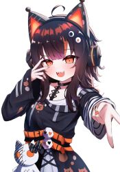  1girl :d ahoge animal_ear_headphones animal_ears belt black_choker black_hair black_sweater cat_ear_headphones cat_ears choker commentary_request fake_animal_ears hands_up headphones iggy@cafe long_hair long_sleeves looking_at_viewer mahou_shoujo_no_majo_saiban multicolored_hair open_mouth orange_eyes orange_streaks sawatari_coco sharp_teeth simple_background skull smile solo streaked_hair stuffed_animal stuffed_cat stuffed_toy sweater teeth upper_body v white_background 