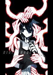  1boy bare_arms bare_shoulders black_background closed_mouth commentary cowboy_shot empty_eyes english_commentary extra_arms eyebrows_hidden_by_hair fingernails greyscale hand_up hands_on_another's_head highres holding holding_knife honshiya knife male_focus monochrome no_pupils omori omori_(omori) pants pillarboxed short_hair simple_background solo something_(omori) spot_color standing straight-on striped_clothes striped_pants surrounded_by_hands tank_top vertical-striped_clothes vertical-striped_pants 