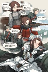  1boy 1girl aged_down aiming asterisk_kome beer_bottle blue_eyes bolt_action bottle brown_hair commentary_request flashback gina_wallace gun heroes_of_order highres holding holding_gun holding_weapon japanese_clothes lee-enfield maid medal remembering rifle soldier speech_bubble thought_bubble wa_maid weapon 