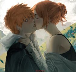  1boy 1girl bare_shoulders black_jacket bleach blush closed_eyes commission couple english_commentary from_side grey_sweater hair_bun hair_up hand_on_another's_cheek hand_on_another's_face hand_on_another's_shoulder hetero hood hood_down hoodie inoue_orihime jacket jewelry kiss kissing_cheek kurosaki_ichigo long_hair long_sleeves looking_at_another necklace orange_hair outdoors parted_lips profile short_hair spiky_hair sweater upper_body vgen_commission white_hoodie yorumudts 