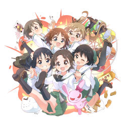  6+girls :d ;d bird black_hair black_neckerchief black_socks blue_eyes blush brown_hair brown_shoes bug butterfly card character_request clothes_between_thighs commentary_request dot_nose explosion explosion_background full_body girls_und_panzer glasses green_skirt grey_hair grin highres kneehighs loafers long_hair long_sleeves looking_at_viewer miniskirt mole mole_under_each_eye mole_under_eye multiple_girls multiple_moles neckerchief one_eye_closed open_mouth parted_lips playing_card pleated_skirt round_eyewear sailor_collar school_uniform serafuku shirt shoes short_hair skirt smile socks toma_(shinozaki) twintails white_butterfly white_sailor_collar white_shirt 