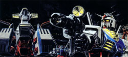  1980s_(style) 1990s_(style) aiming arm_cannon army beam_rifle commentary_request earth_federation energy_gun guncannon gundam guntank mecha mecha_focus mobile_suit mobile_suit_gundam no_humans official_art ookawara_kunio painting_(medium) promotional_art realistic retro_artstyle robot rx-78-2_gundam scan science_fiction shoulder_cannon spacecraft traditional_media v-fin weapon white_base yellow_eyes 