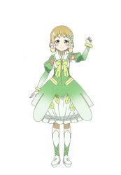 1girl boots bracelet bubble_skirt dress flower full_body green_dress green_flower green_ribbon hair_flower hair_ornament hand_up inubouzaki_itsuki jewelry juliet_sleeves long_sleeves magical_girl neck_ribbon official_art puffy_sleeves ribbon second-party_source simple_background skirt solo standing tachi-e transparent_background white_boots yuuki_yuuna_wa_yuusha_de_aru yuusha_de_aru 