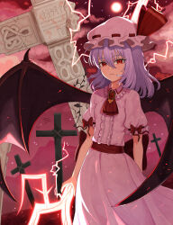  1girl absurdres ascot bat_(animal) bat_wings bow closed_mouth clouds commentary_request cross ddok frown full_moon hair_between_eyes hat hat_ribbon highres korean_commentary looking_at_viewer mob_cap moon pink_hat pink_shirt pink_skirt puffy_short_sleeves puffy_sleeves purple_hair red_ascot red_bow red_eyes red_moon red_sky remilia_scarlet ribbon shirt short_sleeves skirt sky sleeve_bow solo spear_the_gungnir touhou wings 