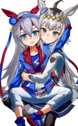  2girls absurdres ahoge amamoru_21 animal_ears belt black_pantyhose blue_eyes blue_gloves blue_hairband blue_jacket blue_sailor_collar blue_skirt blue_sports_bra blush breasts closed_mouth collarbone commentary_request ear_covers ear_ornament fingerless_gloves gloves grey_hair grey_tail hair_between_eyes hairband headband highres horse_ears horse_girl horse_tail hug hug_from_behind jacket lightning_bolt_print lightning_bolt_symbol long_hair long_sleeves looking_at_viewer midriff multicolored_hair multicolored_hairband multiple_girls navel neckerchief oguri_cap_(starlight_beat)_(umamusume) oguri_cap_(umamusume) open_mouth pants pantyhose red_belt red_headband red_neckerchief sailor_collar shirt simple_background skirt small_breasts sports_bra striped_clothes striped_hairband tail tamamo_cross_(fast_as_lightning)_(umamusume) tamamo_cross_(umamusume) two-tone_hairband umamusume very_long_hair white_background white_jacket white_pants white_shirt 
