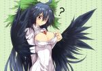  1girl ? bird_wings black_hair bow breasts cleavage_cutout feathered_wings g_(desukingu) green_background hair_bow large_breasts long_hair open-chest_sweater polka_dot polka_dot_background red_eyes reiuji_utsuho ribbed_sweater solo sweater third_eye touhou turtleneck wings 