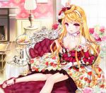  1girl absurdres blonde_hair breasts cake cinia_pacifica cleavage cocoon_(loveririn) couch cream_on_face drill_hair food food_themed_clothes fork gloves highres huge_filesize lolita_fashion long_hair long_sleeves macaron mini_hat no_socks off-shoulder_dress pink_eyes sandals strawberry_print sword_girls tagme tea_set tray white_gloves 