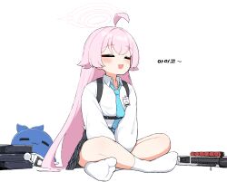  1girl ahoge beretta_1301 blue_archive closed_eyes collared_shirt gun halo highres hoshino_(blue_archive) long_hair necktie pink_hair shirt shotgun simple_background skirt socks solo tagyeokgam weapon white_background white_shirt white_socks 