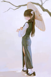  1girl artist_name blue_dress branch brown_eyes brown_hair brown_shoes china_dress chinese_clothes chinese_commentary closed_mouth commentary_request day dress dress_over_shirt earrings elbow_on_knee eyeball_bracelet_girl_(fkey) fkey full_body hair_ribbon highres holding holding_umbrella jewelry kneehighs long_hair looking_at_viewer looking_back mole mole_under_eye oil-paper_umbrella original pankou pelvic_curtain ribbon shadow shanghai_neckline shared_umbrella shoes side_slit simple_background sleeveless sleeveless_dress socks solo standing sunlight umbrella walking white_background white_ribbon white_socks yin_yang yin_yang_earrings 