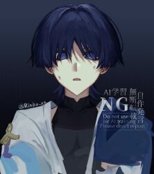  1boy black_background black_bodysuit black_hair blue_cape blue_sleeves blunt_ends bodysuit cape commentary_request covered_collarbone eyeliner genshin_impact grey_pupils highres japanese_clothes kimono layered_sleeves looking_at_viewer lower_teeth_only makeup male_focus mandarin_collar open_clothes open_kimono open_mouth portrait purple_rope red_eyeliner rinbo_7140 rope scaramouche_(genshin_impact) short_sleeves shoulder_peek side_cape solo sweat teeth twitter_username unfinished violet_eyes wanderer_(genshin_impact) watermark white_kimono white_sleeves wispy_bangs 