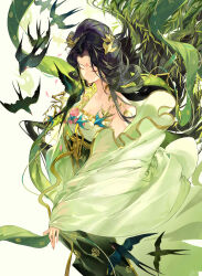  1girl absurdres bird bird_hair_ornament black_bird black_hair chinese_clothes chinese_commentary closed_eyes closed_mouth commentary_request facial_mark forehead_mark green_hanfu green_shawl hagoromo hair_ornament hanfu highres long_hair meiyou_lizhi mole mole_under_each_eye mole_under_eye multiple_moles official_alternate_costume reverse:1999 shawl solo swallow_(bird) upper_body white_background wide_sleeves willow willow_(reverse:1999) 