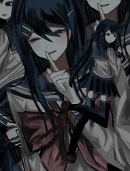  1girl :d blue_eyes blue_hair blush bow bowtie brown_shoes commentary_request danganronpa:_trigger_happy_havoc danganronpa_(series) egao_(nsazrs) hair_ornament hairclip highres index_finger_raised long_hair long_sleeves looking_at_viewer maizono_sayaka open_mouth pink_bow pleated_skirt sailor_collar school_uniform shirt shoes skirt smile thigh-highs 