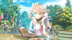  1girl alisha_diphda armor artist_request blonde_hair book breasts chair clouds cookie cup day drill_hair falling_petals flower food game_cg garden gauntlets gloves green_eyes green_ribbon hair_between_eyes hand_in_own_hair highres looking_at_viewer medium_hair official_art on_chair outdoors petals plate reading ribbon saucer side_drill side_ponytail sitting smile solo table tales_of_(series) tales_of_crestoria tales_of_zestiria teacup third-party_source tree upper_body 