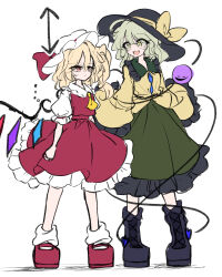  ... 2girls :/ :d absurdres arrow_(symbol) ascot black_boots black_hat blonde_hair boots bow buttons calpis118 commentary_request crystal crystal_wings diamond_button eyeball flandre_scarlet frilled_shirt frilled_shirt_collar frilled_skirt frilled_sleeves frills green_eyes green_hair green_skirt hair_between_eyes hat hat_bow hat_ribbon height_difference highres jitome komeiji_koishi lace-up_boots long_hair long_sleeves medium_hair mob_cap multicolored_wings multiple_girls one_side_up open_mouth red_eyes red_shoes red_skirt red_vest ribbon shirt shoes simple_background skirt skirt_set sleeves_past_fingers sleeves_past_wrists smile socks standing third_eye touhou vest white_background white_hat white_shirt white_socks wide-eyed wide_sleeves wings yellow_ascot yellow_bow yellow_shirt 