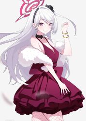  1girl absurdres black_bow black_choker black_hairband blue_archive bow bow_choker bracelet choker cocktail_dress collarbone commentary_request cowboy_shot dress dress_bow earrings feather_boa fishnet_pantyhose fishnets grin hairband halo hand_up highres huge_bow jewelry long_hair looking_at_viewer mutsuki_(blue_archive) mutsuki_(dress)_(blue_archive) official_alternate_costume official_alternate_hairstyle pantyhose pink_eyes pointy_ears red_bow red_dress red_halo shiraitoart983 sleeveless sleeveless_dress smile solo white_background white_hair 