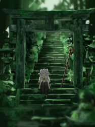  1girl =_= black_leggings blurry boots capelet depth_of_field earrings elf frieren green_theme hashtag-only_commentary highres jewelry leggings mage_staff moss parted_bangs pointy_ears raberu_ruru sitting solo sousou_no_frieren staff stairs stone_lantern teardrop_earrings torii twintails white_capelet white_hair 