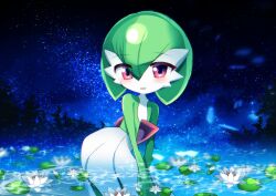 1girl blue_background blue_sky blush bob_cut caustics chisen_maimai collarbone colored_skin commentary_request flat_chest flower gardevoir green_hair green_skin hair_between_eyes happy highres lily_pad looking_at_viewer lotus multicolored_skin night open_mouth outdoors own_hands_together partially_submerged pokemon pokemon_(creature) red_eyes short_hair sky smile solo sparkle star_(sky) starry_sky two-tone_skin v_arms water white_flower white_skin 