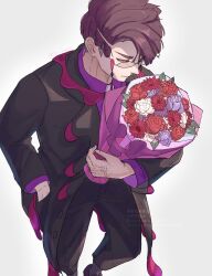  1boy black_coat black_pants bouquet coat collared_shirt commentary_request corbeau_(pokemon) flower glasses hand_in_pocket highres holding holding_bouquet jinn_kunnn lapels layered_sleeves looking_to_the_side male_focus necktie pants parted_hair pokemon pokemon_legends:_z-a purple_flower purple_hair purple_shirt red_flower rose round_eyewear shirt shoes simple_background solo standing tassel watermark white_background white_flower white_necktie wing_collar 