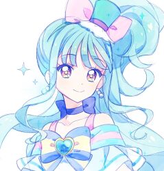  1girl animal_ear_hairband animal_ears aqua_hair aqua_hairband aqua_hat bare_shoulders blue_bow blue_choker blunt_bangs bow bow_choker bright_pupils brooch cat_ear_hairband cat_ears chest_bow choker closed_mouth collarbone commentary cure_lillian dress earrings fake_animal_ears frilled_dress frills hairband hat heart heart_brooch high_ponytail high_side_ponytail jewelry long_hair looking_at_viewer magical_girl mini_hat mini_top_hat multicolored_bow nekoyashiki_mayu off-shoulder_dress off_shoulder pearl_earrings ponytail portrait precure qianxia_yell side_ponytail simple_background smile solo sparkle split_mouth striped_bow tilted_headwear top_hat twitter_username very_long_hair violet_eyes white_background white_dress wonderful_precure! yellow_pupils 
