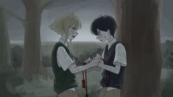  2boys antenna_hair basil_(faraway)_(omori) basil_(omori) black_eyes black_hair black_sweater_vest blonde_hair blue_eyes blush bright_pupils brown_shorts collared_shirt commentary_request from_side green_sweater_vest hair_between_eyes highres holding holding_jump_rope jump_rope male_focus multiple_boys o51515o omori open_mouth outdoors parted_lips shirt short_sleeves shorts sidelocks spoilers sunny_(omori) sweat sweatdrop sweater_vest tree white_pupils white_shirt 