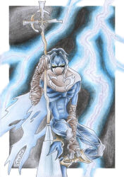  1boy arm_wrap black_background black_hair blue_skin border brown_scarf colored_pencil_(medium) colored_skin commentary cross emaciated english_commentary holding holding_staff insect_wings legacy_of_kain lightning male_focus mask mouth_mask parted_bangs raziel_(legacy_of_kain) scarf signature staff tatsu87 torn_wings traditional_media white_border wings yellow_eyes 