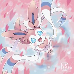  blue_eyes blush cherry_blossoms commentary_request fangs highres looking_up moshi2hitomoshi no_humans no_sclera petals pink_theme pokemon pokemon_(creature) pokemon_focus smile solo sylveon wading water 