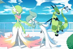 2girls against_railing alternate_color alternate_hairstyle alternate_shiny_pokemon arm_behind_back artist_name blue_eyes blue_sky blush blush_stickers bob_cut claws closed_mouth clouds colored_skin commentary commission crossed_arms day english_commentary eye_contact eyeshadow flat_chest flygon full_body gardevoir green_skin hair_over_one_eye half-closed_eyes happy highres holding_hands horizon kiss kissing_hand leaning_forward likey looking_at_another looking_down looking_up makeup medium_hair mixed-language_commentary mole mole_under_eye multicolored_skin multiple_girls no_feet ocean one_eye_covered orange_eyeshadow outdoors pokemon pokemon_(creature) railing short_hair sidelocks signature sky smile sparkle standing two-tone_skin white_skin yellow_eyes 