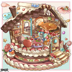  1girl apple bed blue_hair book bookshelf border cake candy candy_cane chigu chocolate clock closed_eyes clouds commentary_request commission cookie couch cup dairoku_ryouhei eating floorplan flower food fruit mug musical_note on_couch outside_border pancake rose sitting spoken_musical_note strawberry stuffed_animal stuffed_toy sweets_house teddy_bear wings 